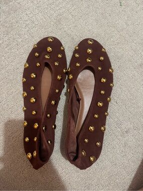 Zara Brown Suede Flats with Gold Studs
